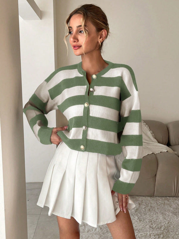 Cardigan de punto casual de manga larga de un solo abotonado con hombros caidos y rayas, para otono/invierno
