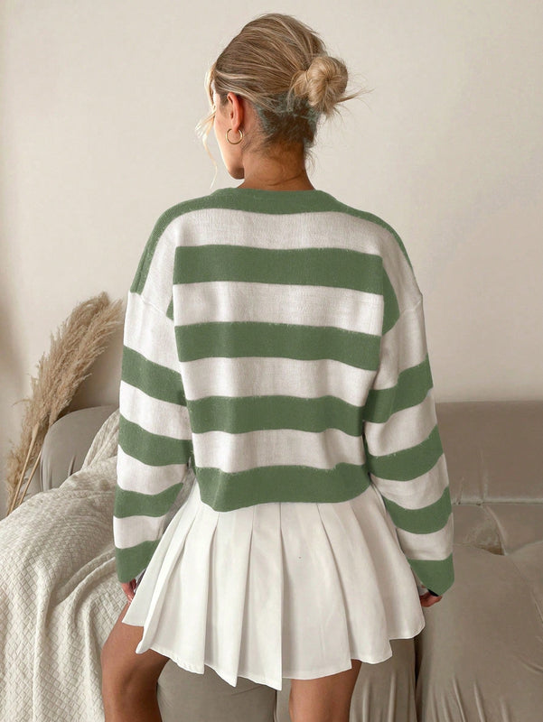 Cardigan de punto casual de manga larga de un solo abotonado con hombros caidos y rayas, para otono/invierno