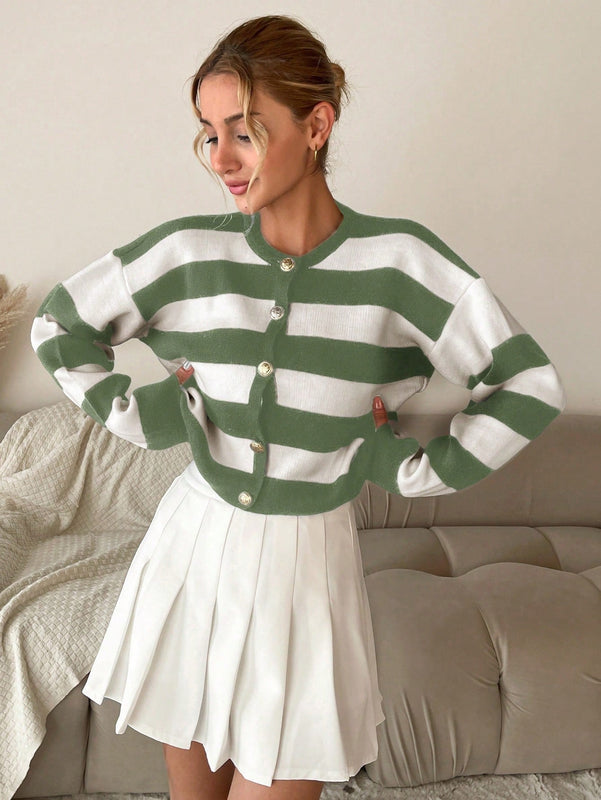 Cardigan de punto casual de manga larga de un solo abotonado con hombros caidos y rayas, para otono/invierno