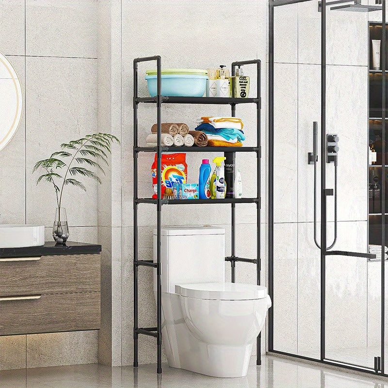 1pc Esenciales de baño Soporte de almacenamiento de suelo, soporte de plástico estante organizador con tubo dorado de 12mm-16mm, estante lateral de inodoro sin taladro para esenciales de baño