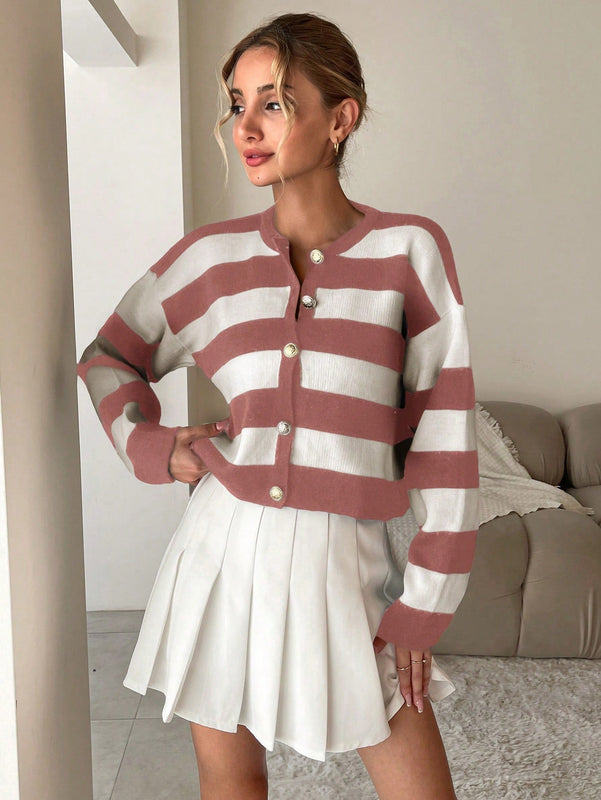 Cardigan de punto casual de manga larga de un solo abotonado con hombros caidos y rayas, para otono/invierno