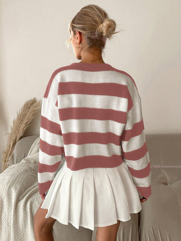 Cardigan de punto casual de manga larga de un solo abotonado con hombros caidos y rayas, para otono/invierno