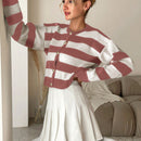 Cardigan de punto casual de manga larga de un solo abotonado con hombros caidos y rayas, para otono/invierno