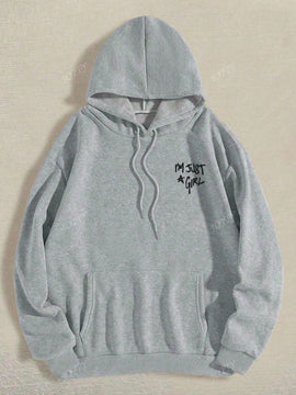 Sudadera con capucha negra holgada de mujer con estampado de lema, hombros caidos y cordon, primavera y otono