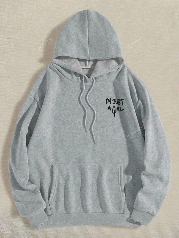 Sudadera con capucha negra holgada de mujer con estampado de lema, hombros caidos y cordon, primavera y otono