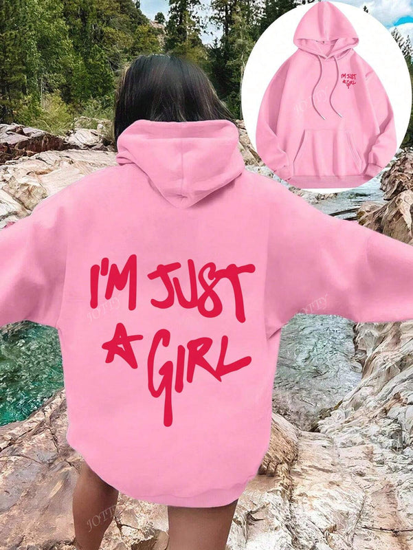 Sudadera con capucha negra holgada de mujer con estampado de lema, hombros caidos y cordon, primavera y otono
