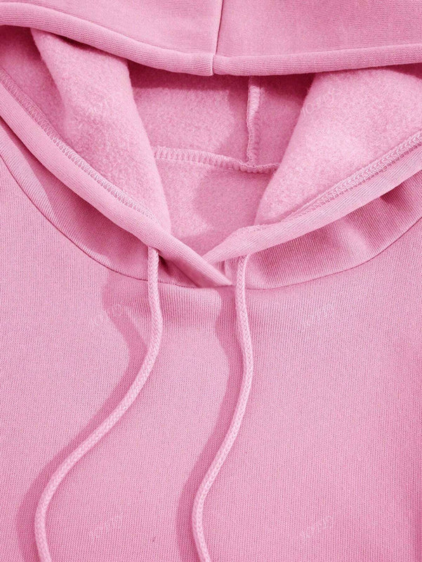 Sudadera con capucha negra holgada de mujer con estampado de lema, hombros caidos y cordon, primavera y otono