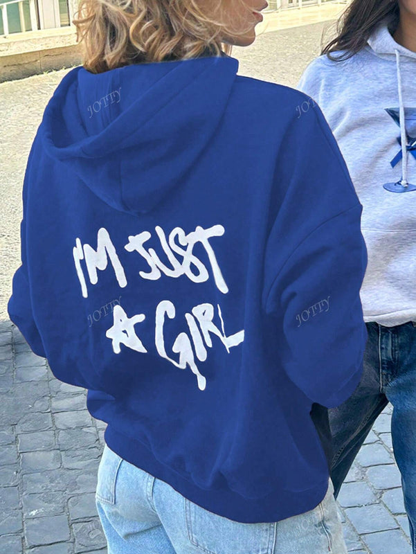 Sudadera con capucha negra holgada de mujer con estampado de lema, hombros caidos y cordon, primavera y otono