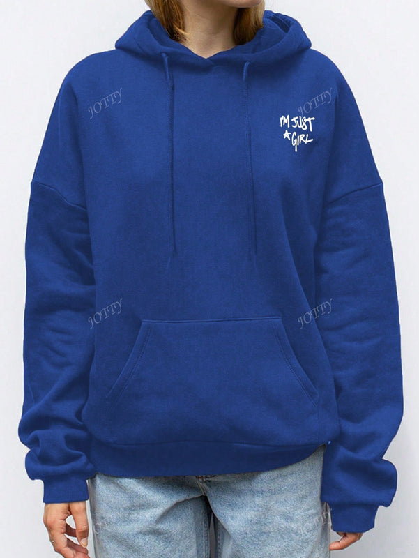 Sudadera con capucha negra holgada de mujer con estampado de lema, hombros caidos y cordon, primavera y otono