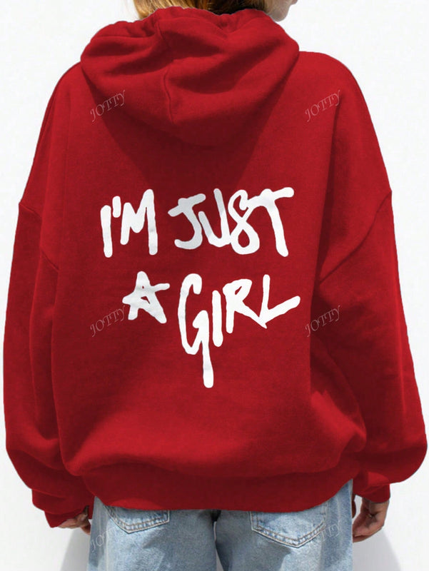 Sudadera con capucha negra holgada de mujer con estampado de lema, hombros caidos y cordon, primavera y otono