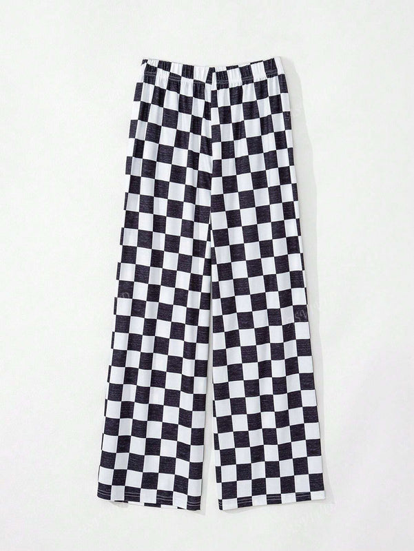 Pantalones anchos de tiro alto con bolsillos y estampado de cuadros para mujer