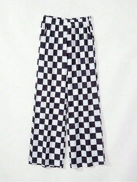 Pantalones anchos de tiro alto con bolsillos y estampado de cuadros para mujer