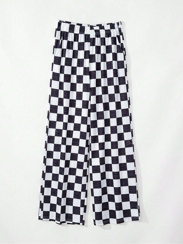 Pantalones anchos de tiro alto con bolsillos y estampado de cuadros para mujer