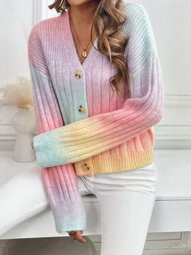Relaxiva cardigan de punto con botones delanteros, manga larga, de color ombre, hecho de un hilado jaspeado y tejido de nervio