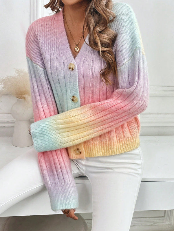 Relaxiva cardigan de punto con botones delanteros, manga larga, de color ombre, hecho de un hilado jaspeado y tejido de nervio