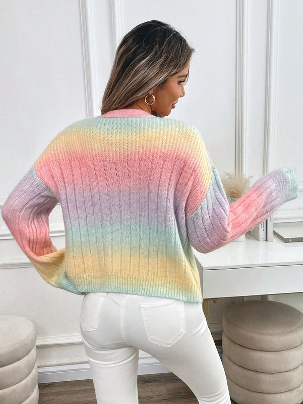 Relaxiva cardigan de punto con botones delanteros, manga larga, de color ombre, hecho de un hilado jaspeado y tejido de nervio