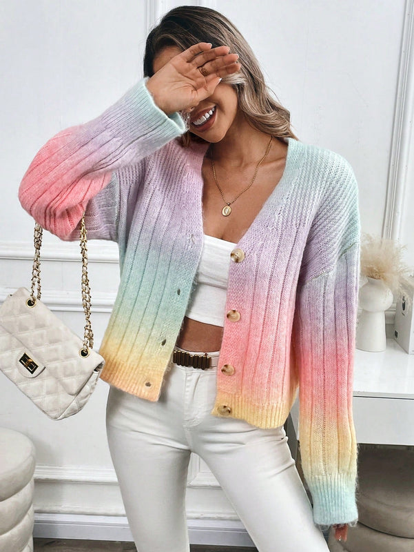 Relaxiva cardigan de punto con botones delanteros, manga larga, de color ombre, hecho de un hilado jaspeado y tejido de nervio