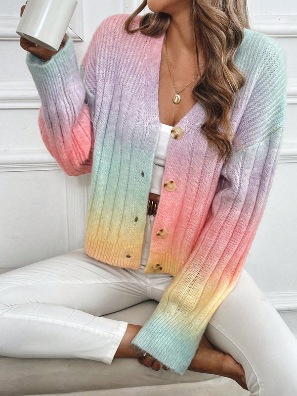 Relaxiva cardigan de punto con botones delanteros, manga larga, de color ombre, hecho de un hilado jaspeado y tejido de nervio
