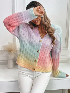 Relaxiva cardigan de punto con botones delanteros, manga larga, de color ombre, hecho de un hilado jaspeado y tejido de nervio