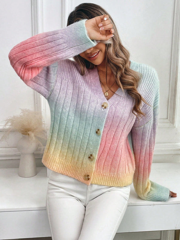 Relaxiva cardigan de punto con botones delanteros, manga larga, de color ombre, hecho de un hilado jaspeado y tejido de nervio