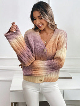 Relaxiva cardigan de punto con botones delanteros, manga larga, de color ombre, hecho de un hilado jaspeado y tejido de nervio