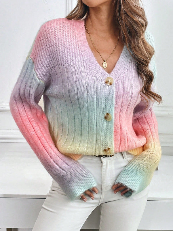 Relaxiva cardigan de punto con botones delanteros, manga larga, de color ombre, hecho de un hilado jaspeado y tejido de nervio