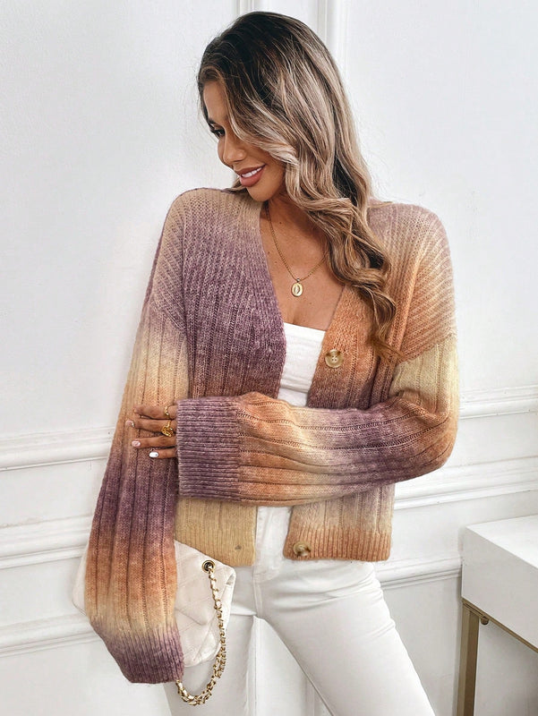 Relaxiva cardigan de punto con botones delanteros, manga larga, de color ombre, hecho de un hilado jaspeado y tejido de nervio