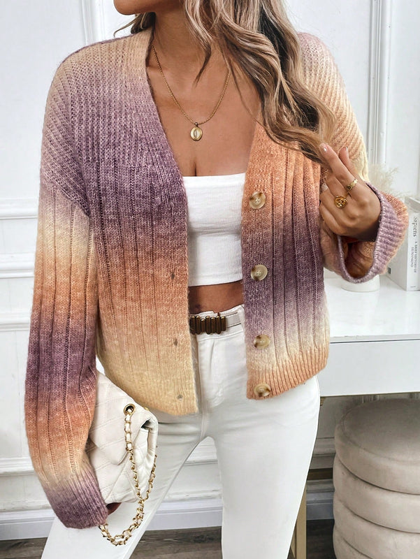 Relaxiva cardigan de punto con botones delanteros, manga larga, de color ombre, hecho de un hilado jaspeado y tejido de nervio