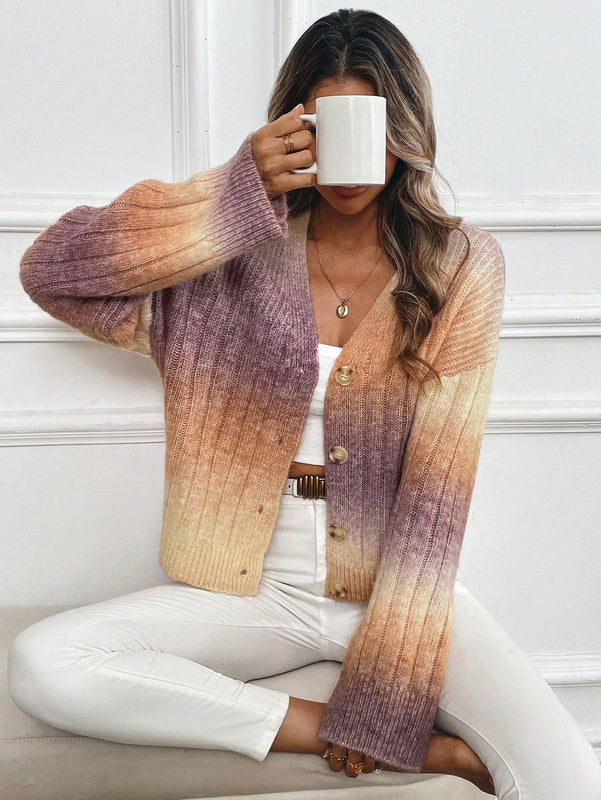Relaxiva cardigan de punto con botones delanteros, manga larga, de color ombre, hecho de un hilado jaspeado y tejido de nervio