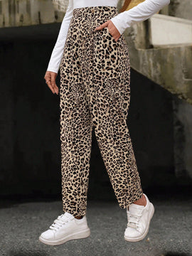 Emery rose pantalones acampanados y sueltos con bolsillos y estampado de leopardo para mujer
