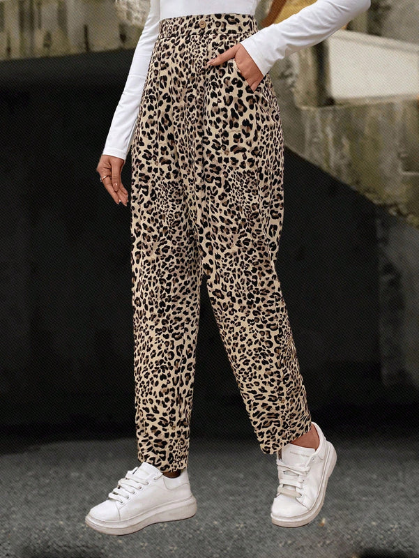Emery rose pantalones acampanados y sueltos con bolsillos y estampado de leopardo para mujer