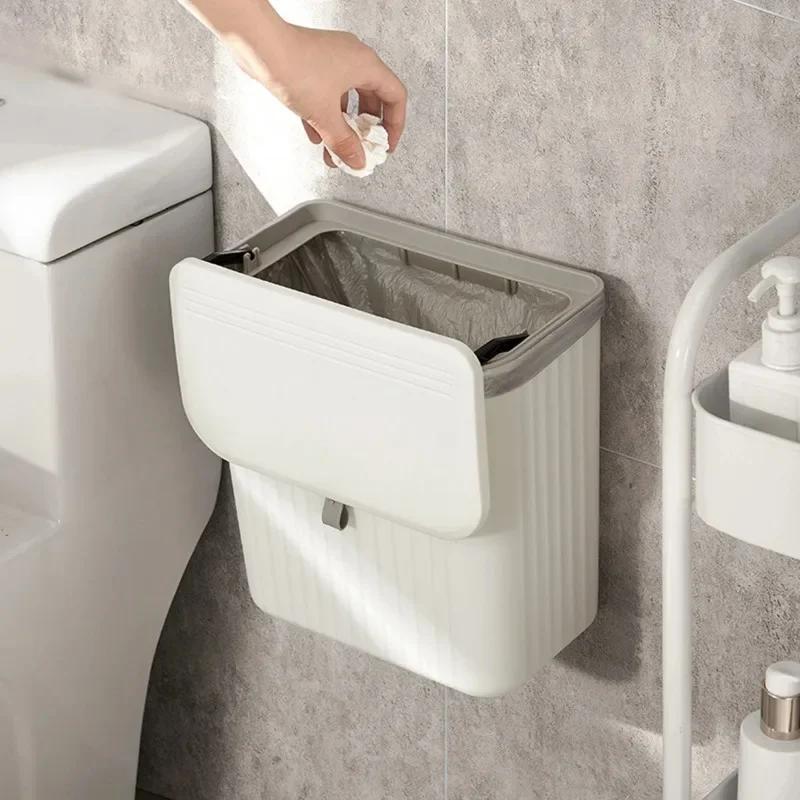 Cubo de basura de cocina sin contacto, montado en la pared con tapa de presión manos libres - Diseño rectangular duradero de plástico ahorrador de espacio para baño y cocina, contenedor de residuos higiénico, cubo de basura de cocina, cubo de basura ahor