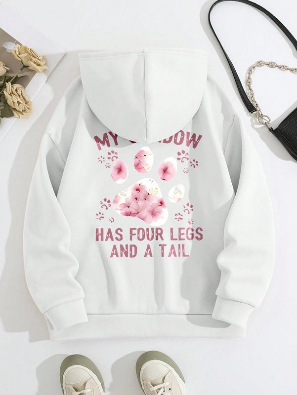 Lune sudadera con capucha informal para mujer con estampado de letra y pata de perro, para otono/invierno