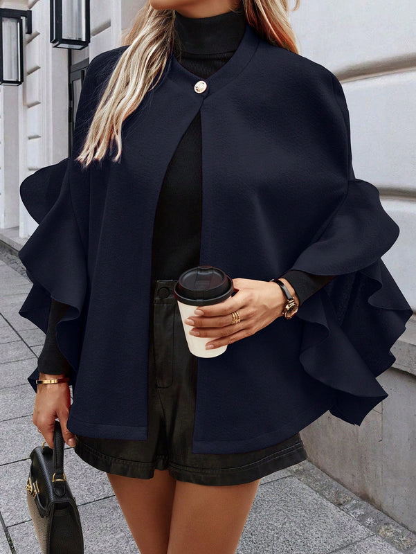 Clasi abrigo de lana elegante con cuello vuelto y abotonadura sencilla, en unicolor, para mujer, para otono/invierno