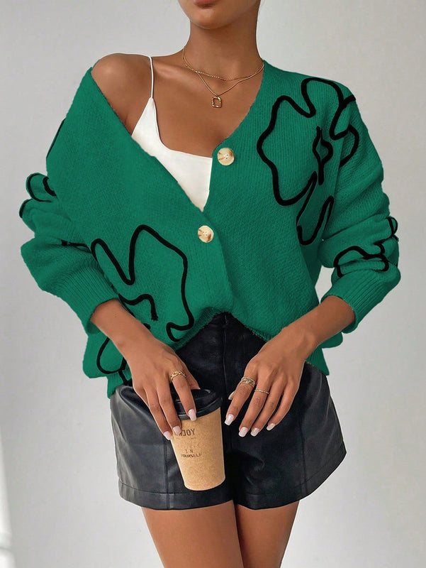 Frenchy cardigan casual de mujer con bloqueo de color y estampado floral, para otono/invierno