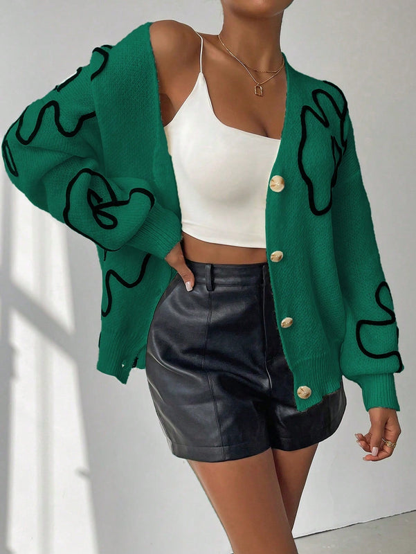 Frenchy cardigan casual de mujer con bloqueo de color y estampado floral, para otono/invierno