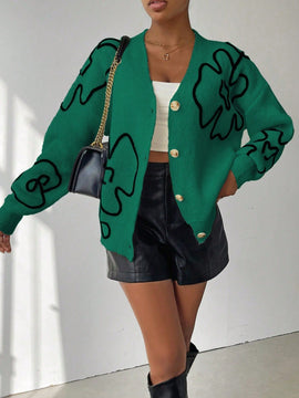 Frenchy cardigan casual de mujer con bloqueo de color y estampado floral, para otono/invierno