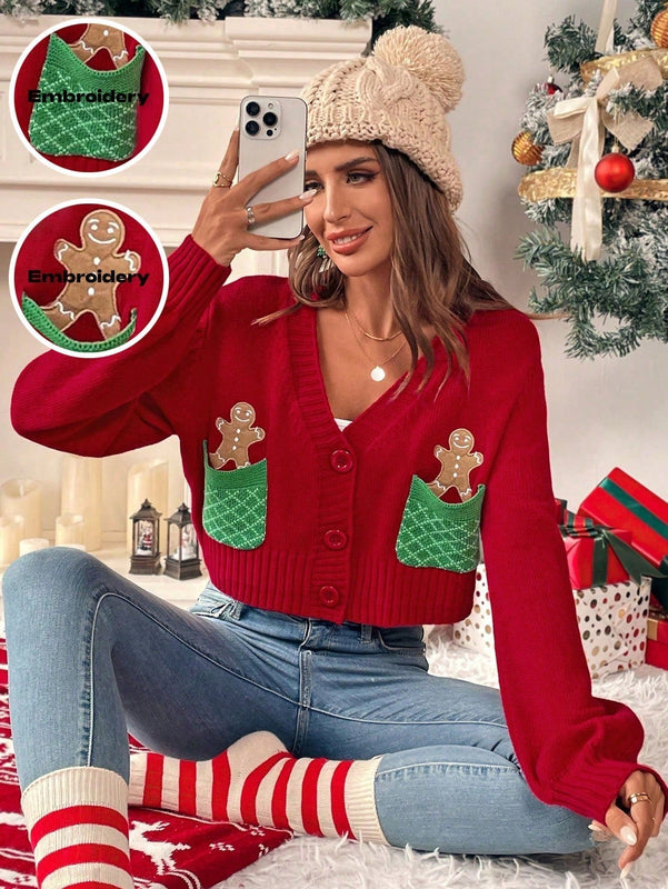 Essnce cardigan de manga larga con grafico de hombre de jengibre minimalista y casual para mujer, navidad