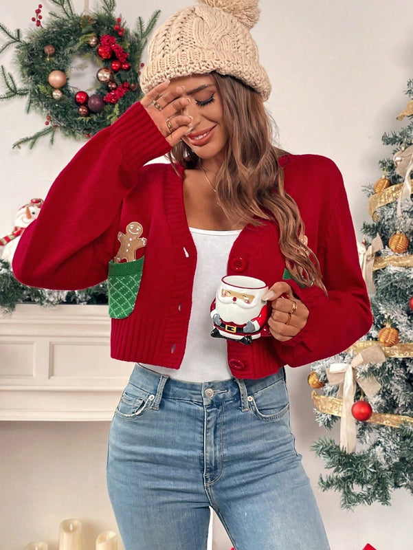 Essnce cardigan de manga larga con grafico de hombre de jengibre minimalista y casual para mujer, navidad