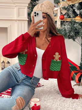 Essnce cardigan de manga larga con grafico de hombre de jengibre minimalista y casual para mujer, navidad