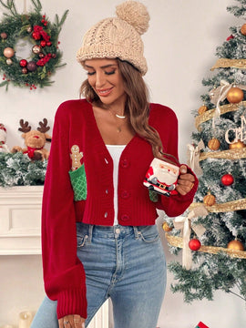 Essnce cardigan de manga larga con grafico de hombre de jengibre minimalista y casual para mujer, navidad