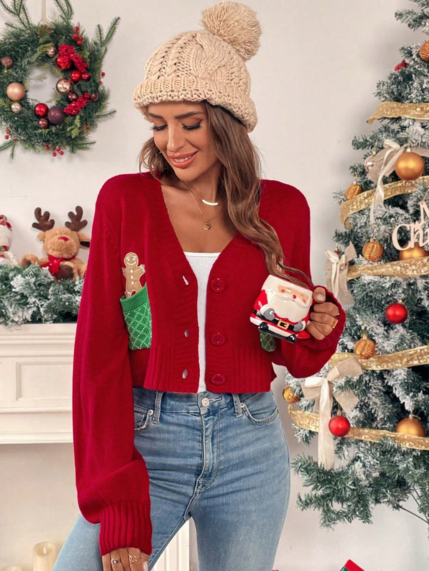 Essnce cardigan de manga larga con grafico de hombre de jengibre minimalista y casual para mujer, navidad