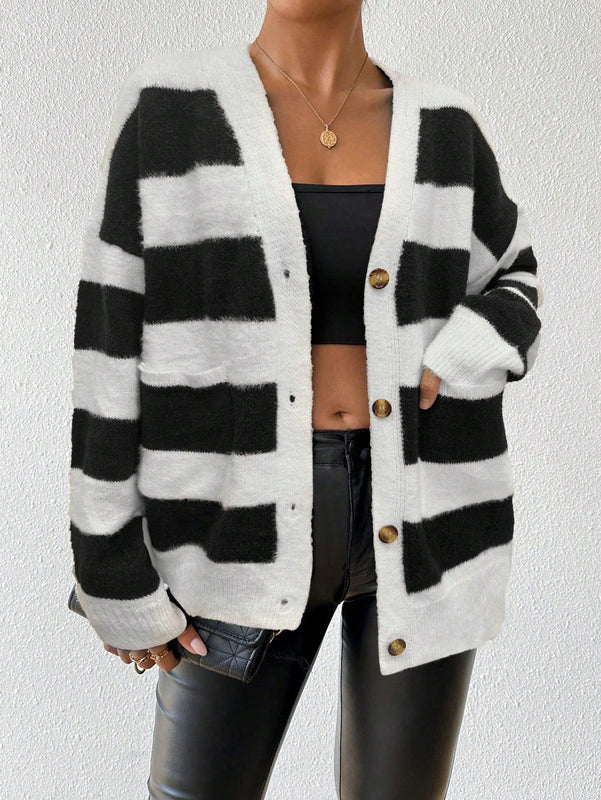 Essnce nuevo cardigan de mujer de punto de imitacion de vison cachemira a rayas, para otono/invierno