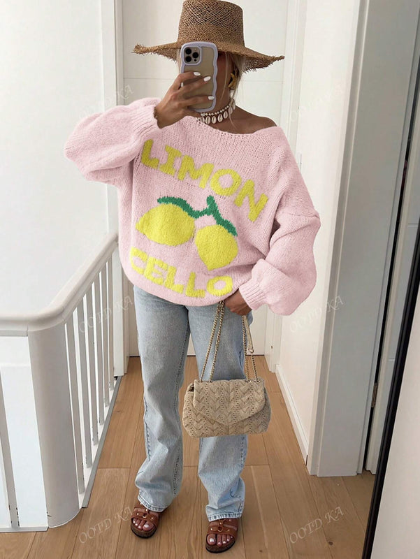 Chaqueta corta de mujer tipo cardigan de manga larga con botones, casual, con diseno de jacquard con limones, para otono e invierno