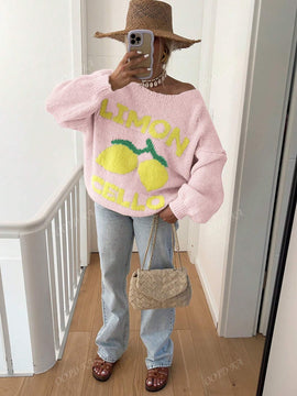Chaqueta corta de cardigan casual de manga larga con botones y estampado de limon oversize para mujer en otono e invierno
