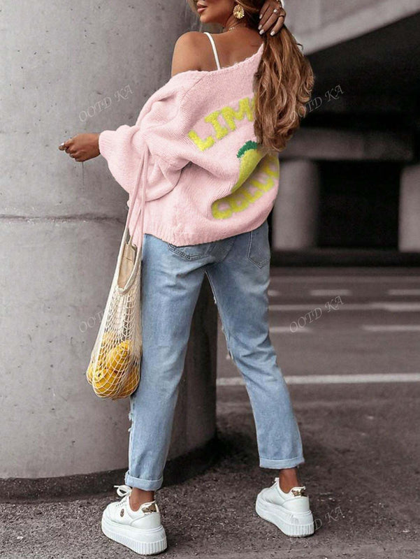 Chaqueta corta de cardigan casual de manga larga con botones y estampado de limon oversize para mujer en otono e invierno