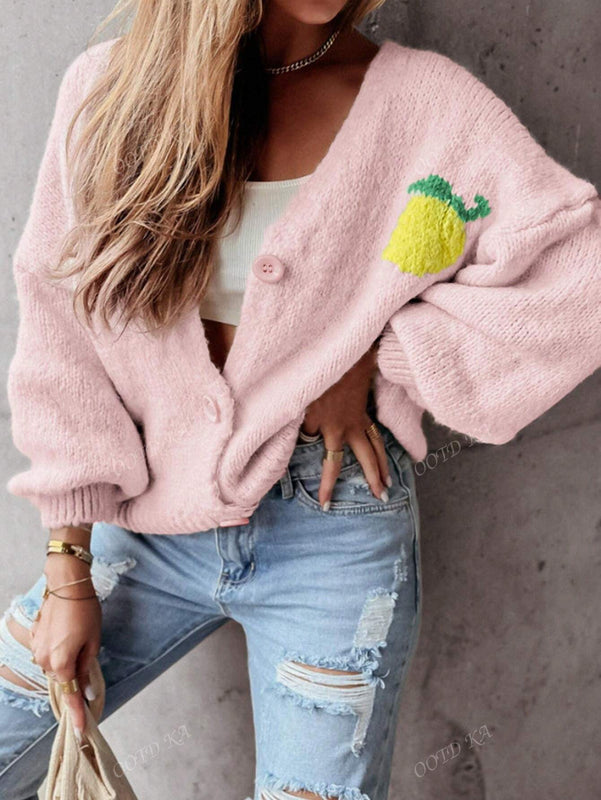 Cardigan corto casual de manga larga para mujer con botones y diseno de jacquard con limones, para otono e invierno