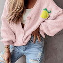 Chaqueta corta de mujer tipo cardigan de manga larga con botones, casual, con diseno de jacquard con limones, para otono e invierno