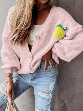 Chaqueta corta de mujer tipo cardigan de manga larga con botones, casual, con diseno de jacquard con limones, para otono e invierno