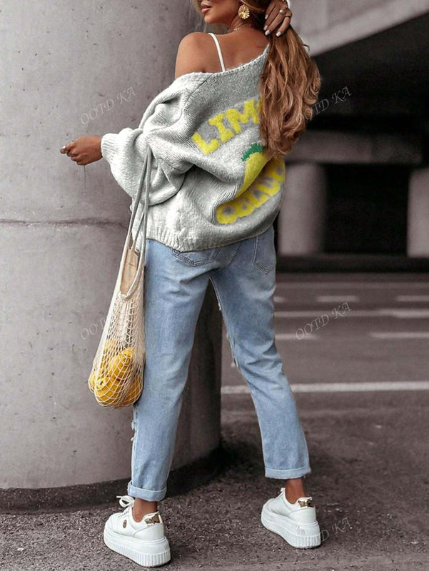 Cardigan corto casual de manga larga para mujer con botones y diseno de jacquard con limones, para otono e invierno